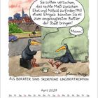 Zwei schwarze Vögel, einer rät dem anderen, sein Auftreten zu verbessern, um der angesagteste Bettler zu werden. Text darunter sagt: "Als Berater sind Skorpione unübertroffen." Es ist April 2027.