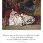 Oben: "20 März 27", "10. Woche". Zitat: "Man tut, was man kann und legt sich dann schlafen..." Illustration: Frau auf Sofa.