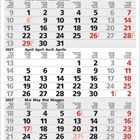 Kalender für 2027 mit den Monaten März, April und Mai. Tage sind in verschiedenen Sprachen angegeben. Feiertage sind rot.