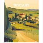"Tuscany" und "Italy" in großer Schrift. Illustration einer hügeligen Landschaft mit Zypressen und einem Haus im Sonnenuntergang.