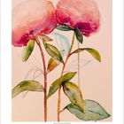 April, Kalender mit blumiger Illustration: Zwei große, rosa Blüten mit grünen Stielen und Blättern auf hellem Hintergrund.