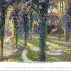 Impressionistisches Gemälde eines Gartens mit Rosenbögen, drei weißen Pfauen und einer badenden Frau in einem Teich.