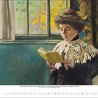 Eine Frau liest ein Buch neben einem Fenster mit blühenden Bäumen. Der Text darunter zeigt Kalendertage vom 4. bis 30. April.