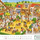 Es steht: "Suche Bruno, den kleinen Hund. Er hat sich 10x im Bild versteckt." Illustration von buntem Hofleben mit Ponys und Reithalle.