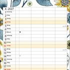 Kalender für April 2027. Blumendesign mit Blättern, Kreisen und Sonnenblumen, oben „April“ in Handschrift.