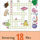 Kreuzworträtsel mit dem Wort "SCHLAF". Objekte: Rucksack, Kleeblatt, Unterhose, Regenschirm, Boot, Bärlauch. Datum: Donnerstag, 18 März.