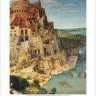 Kunstwerk: Der Turm von Babel, Pieter Bruegel der Ältere. Zeigt einen gewaltigen, spiralförmigen Turm an der Küste.