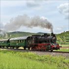 Grüne Waggons und schwarze Dampflok auf Gleisen, mit Rauch. Grüne Landschaft und bewölkter Himmel im Hintergrund.