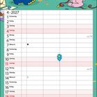 Kalender für April 2027. Über dem Kalender feiern ein blauer Elefant und ein rosa Hase eine Party mit Geschenken und Kuchen.