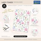 "LADY-TIMER Terminkalender 2027", florales Design, vier Seiten/Woche, Gummiband, Leseband, Einstecktasche, Maße: 9x14 cm.