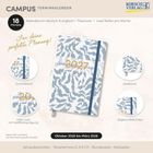 Text: CAMPUS Terminkalender, 18 Monate, Für deine perfekte Planung! Oktober 2026 bis März 2028.  
Illustration: Kalender mit blauem Blattmuster.