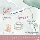 "Mach's dir schön im April" steht in bunten Buchstaben. Illustrationen: Kirschblüten, Narzisse, Stiefel, Blumenkranz, Vogelhaus.
