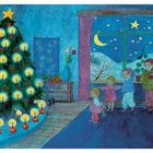 Illustration eines festlichen Zimmers mit vier Kindern. Ein geschmückter Weihnachtsbaum und ein großer Fensterhintergrund.
