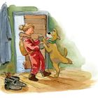Eine Illustration zeigt ein Mädchen, das von einem freudigen Hund begrüßt wird, Mäuse in Nähe der Tür.