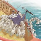 Ein alter Mann mit Regenschirm auf einem Boot, umgeben von verspielten, flauschigen Kreaturen im Wasser. Eine Illustration.