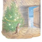 Illustration: Ein dekorierter Weihnachtsbaum in einer Höhle. Ein Hase schaut aus einer offenen Tür in die verschneite Nacht.