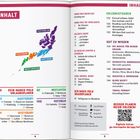 Zwei Seiten eines Inhaltsverzeichnisses mit Titeln wie "INHALT", "URLAUBSPLANER", "ERLEBNISTOUREN", und "DIGITALE EXTRAS". Enthält eine bunte Karte.