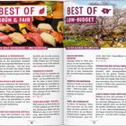 "BEST OF GRÜN & FAIR" und "BEST OF LOW-BUDGET". Links Sushi, rechts Picknick im Park unter Kirschblüten.