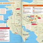 "Der Nordwesten" zeigt eine Karte Costa Ricas mit Reisezielen und Empfehlungen wie „Vulkan Arenal“ und „Monteverde“.