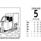 Teile eines Kalenders und einer Karikatur sind zu sehen. Text: "Die indische Pannenstatistik wird von Reifenschäden angeführt."