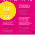 BARBARAS RHABARBERBAR. Text über Barbara, Rhabarberkuchen und Barbaren. Wortspiel und Geschichte auf pinkem Hintergrund. April-Kalender am Ende.