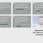 Text in den Kästchen liefert Quizfragen und Antworten, darunter:  
1. "La Paz", 2. "Brandenburg", usw. Rechts steht: "Sebastian Klussmann hat in dieser Runde 5 Fragen richtig beantwortet."