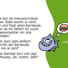 Ein Hai löst ein Kreuzworträtsel. Juli, Mittwoch, 7. Illustration: Hai mit Gedankenblase Burger.