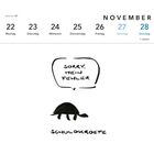 Kalender: 22. bis 28. November. Zeichnung mit Sprechblase „Sorry, mein Fehler“ über einer Schildkröte, betitelt „Schuldkröte“.