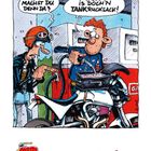 Zwei Figuren an einer Tankstelle: "Was machst du denn da?" - "Wieso? Is doch’n Tankrucksack!" Darunter April-Kalenderblatt.