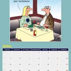 Illustration eines Restaurantbesuchs: "Und? Lecker, dein Tintenfisch?" Eine Frau mit Tintenfleck auf dem Shirt. Kalender für April.