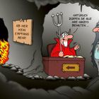 Schild: "Ab hier kein Empfang mehr". Teufel spricht: "Natürlich dürfen Sie alle Ihre Handys behalten ...". Kommentar: "Super!".