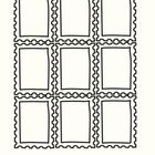 Text: „Dinge, die ich gesammelt habe.“ Illustration: Quadratisches Gitter aus neun leeren Briefmarkenrahmen.