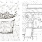 Links: Ein Korb mit Garnknäueln vor einer floral verzierten Wand.
Rechts: Eine Ladenfassade mit Schaufenster.