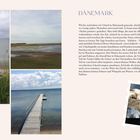 Das Wort "Dänemark" und ein Text über einen Urlaub dort. Links Fotos von einer Küste, einem Steg und Muscheln auf schwarzem Hintergrund.