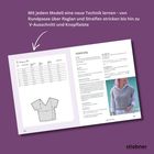 "Mit jedem Modell eine neue Technik lernen..." Oben zu sehen, darunter Tabellen und eine Anleitung, daneben ein Strickpullover.