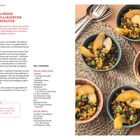 Gezupfter Kabeljau mit Curry-Dattel-Dip. Zutaten und Schritte für die Zubereitung. Rechts Schalen mit Kabeljau und Dip.