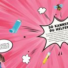 "SO KANNST DU HELFEN" in einer Sprechblase. Bunte Szene mit Inhalator, Biene, zwei Kindern und einer pinken Hintergrundgrafik.