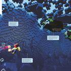 Text: "ANTARKTIKA UNTER DEM EIS... abtauchen." Darstellung einer Pixel-Illustration von Unterwasser-Szene mit Tieren und Figuren.