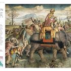 „Über die Alpen“, beschreibt Hannibals Alpenüberquerung. Eine historische Illustration zeigt Elefanten und Soldaten.