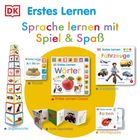 "Erstes Lernen. Sprache lernen mit Spiel & Spaß." Verschiedene Lernspielzeuge und Bücher für Kinder, farbenfroh gestaltet.