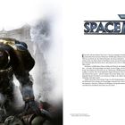 "Warhammer 40,000: Space Marine" Titel und Text beschreiben ein actiongeladenes Spiel. Links ein gepanzerter Krieger mit Kettenschwert, Gebäude im Hintergrund.