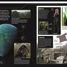 Texte im Bild: 

- OSSUS: Verlorene Geschichte der Jedi
- Große Karte mit Beschriftungen: Großer Nordfluss Imhar, Traumwattberge
- Datenbank: Region, Sektor, System, Durchmesser
- Jedi-Ausbildung: Luke, Grogu
- Ahsoka Tano: Shoto-Lichtschwert

Beschreibungen:

- Eine leuchtend grüne Planetenansicht mit detaillierten Landschaftsmerkmalen.
- Ahsoka Tano demonstriert defensive Kampfhaltungen.
- Grogu trägt ein Kettenhemd aus Beskar.
- Architektur mit Droiden, die aussehen wie antike Ruinen.