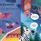 "Geborgen in der Kolonie. Ich bin eine Fledermaus, ein Braunes Langohr... Im Winter suchen... Schlafenszeit, auch für mich!" 

Illustration von Fledermäusen, einem Zebra und einem Marienkäfer.