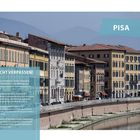 "NICHT VERPASSEN!" mit Tipps zu Sehenswürdigkeiten in Pisa. Fluss und historische Gebäude mit bunten Fassaden im Hintergrund.