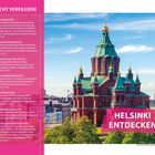 Überschrift: "NICHT VERPASSEN!" Aufzählung von Sehenswürdigkeiten und Highlights in Helsinki. Schriftzug: "HELSINKI ENTDECKEN".<br>
