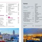 Texte: Kapitel "Land und Leute", "Anhang" und "Karten" mit Seitenzahlen. Bildbeschreibung: Stadtpanorama mit Hafen bei Nacht.