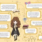 Verschiedene Zitate von Charakteren aus "Harry Potter" umgeben eine Illustration eines Mädchens in Schuluniform.