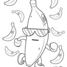 Text: "BANANA GUY". Illustration: Eine Banane mit Sonnenbrille und Armen, von Bananen umgeben.