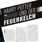 Teile: "Harry Potter und der Feuerkelch". Text: "Das Potter-Franchise wird episch...". Layout mit großen, schrägen Schriftzügen.