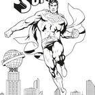 „Superman“ steht groß oben. Darunter fliegt eine muskulöse Figur mit Umhang über eine Stadt. „Daily Planet“ auf einem Gebäude.